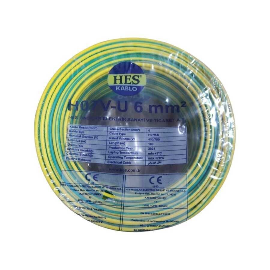 Hes H07V-U 6 mm NYA Tesisat Tip Enerji Kablosu 100 metre